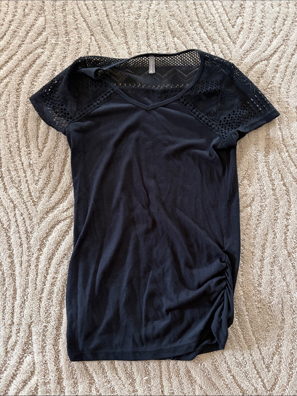 Vanity Black Short-Sleeve V-Neck Top with Crochet Sleeves